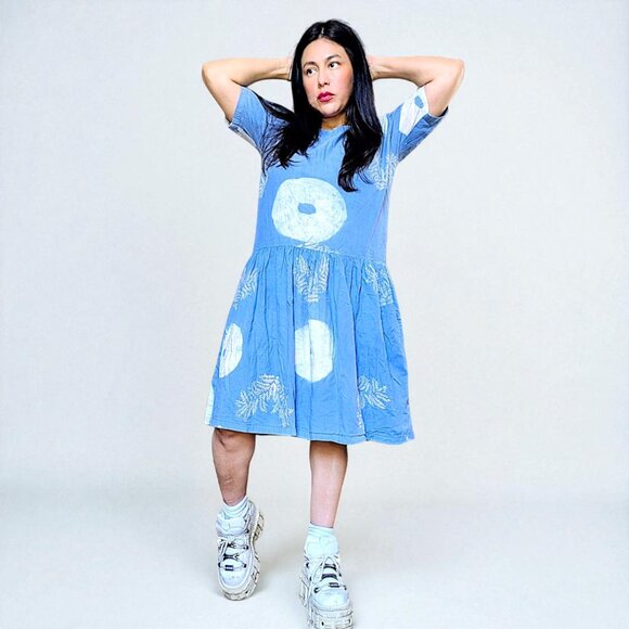 Artisan handmade Indonesia blue white floral geometric tie dye pocket dress OS - Picture 2 of 7